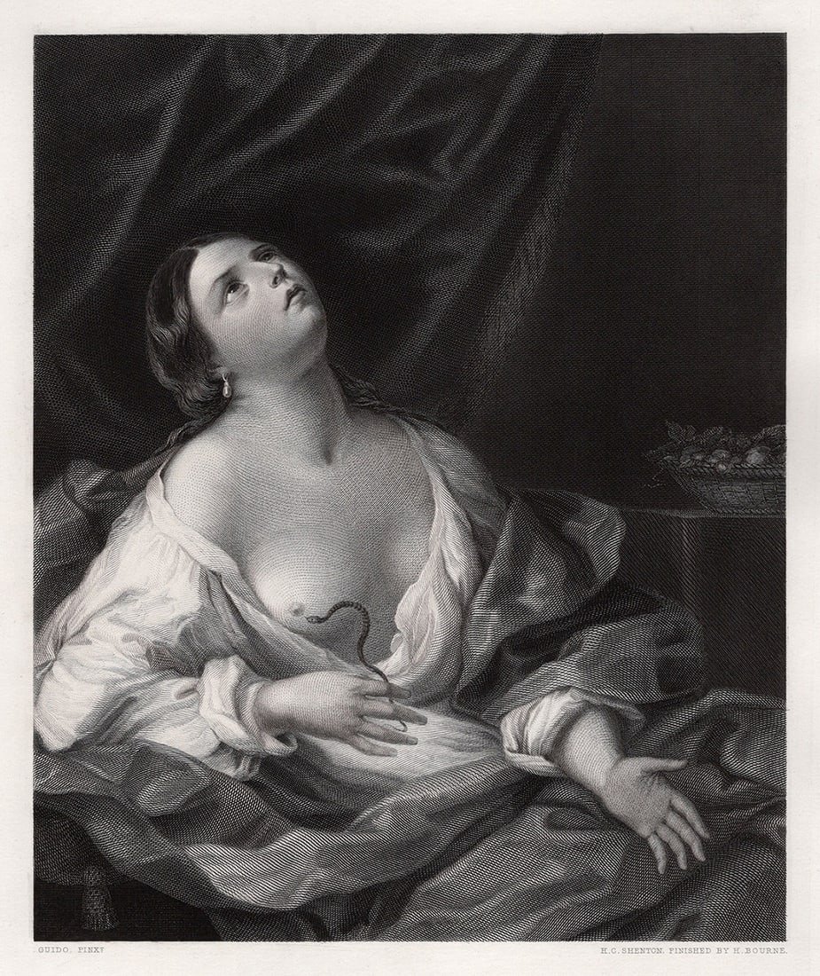 GUIDO RENI 1800s Antique Engraving Cleopatra & the Asp FRAMED: Guido Reni (Italian, 1575-1642). Death of Cleopatra. Antique engraving on wove paper after the original oil on canvas by master engravers Henry Chawner Shenton (British, 1803-1866) and Herbert Bourne 