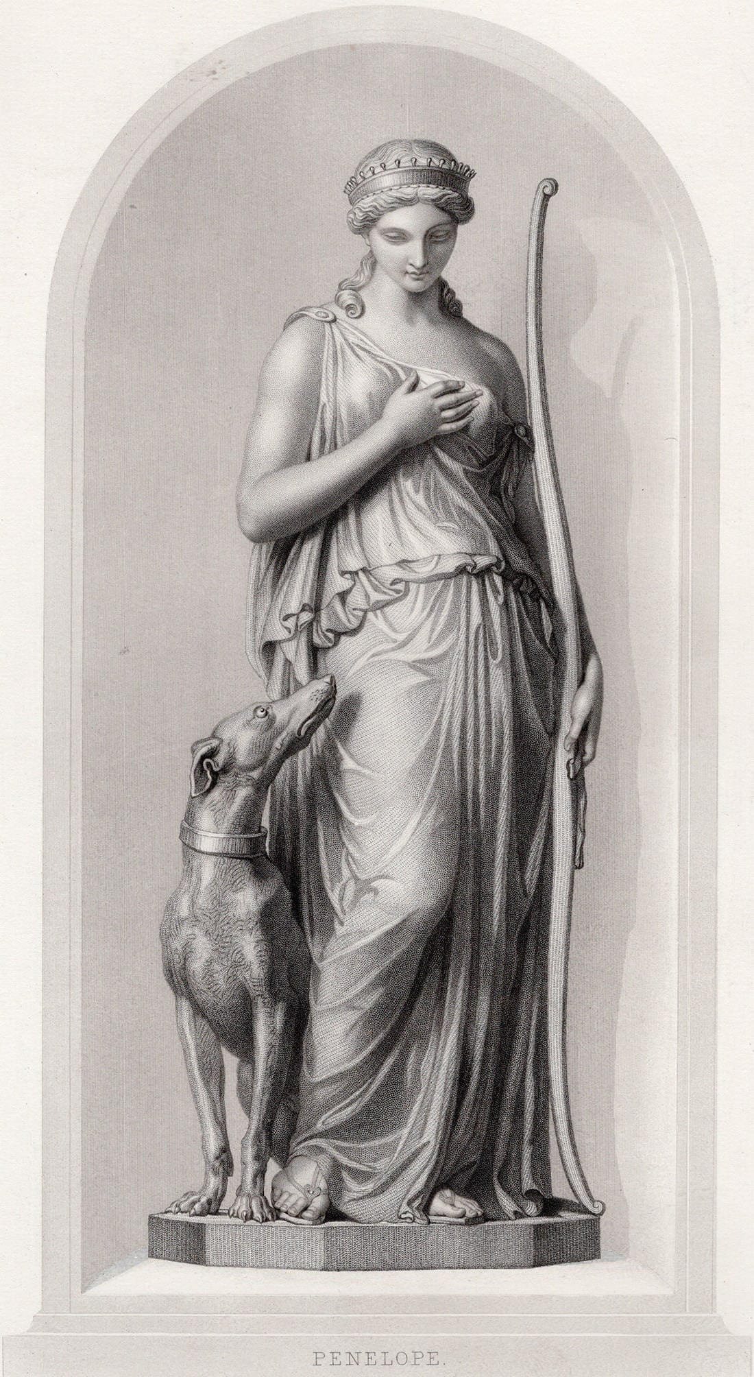 1800s Richard James Wyatt Engraving Penelope & her Loyal Companion Framed: Richard James Wyatt (British, baptised 1795 - 1850). Penelope. Antique engraving on wove paper after the original marble statue by master engraver William Henry Mote (British, 1803-1871). Year: 1849. 