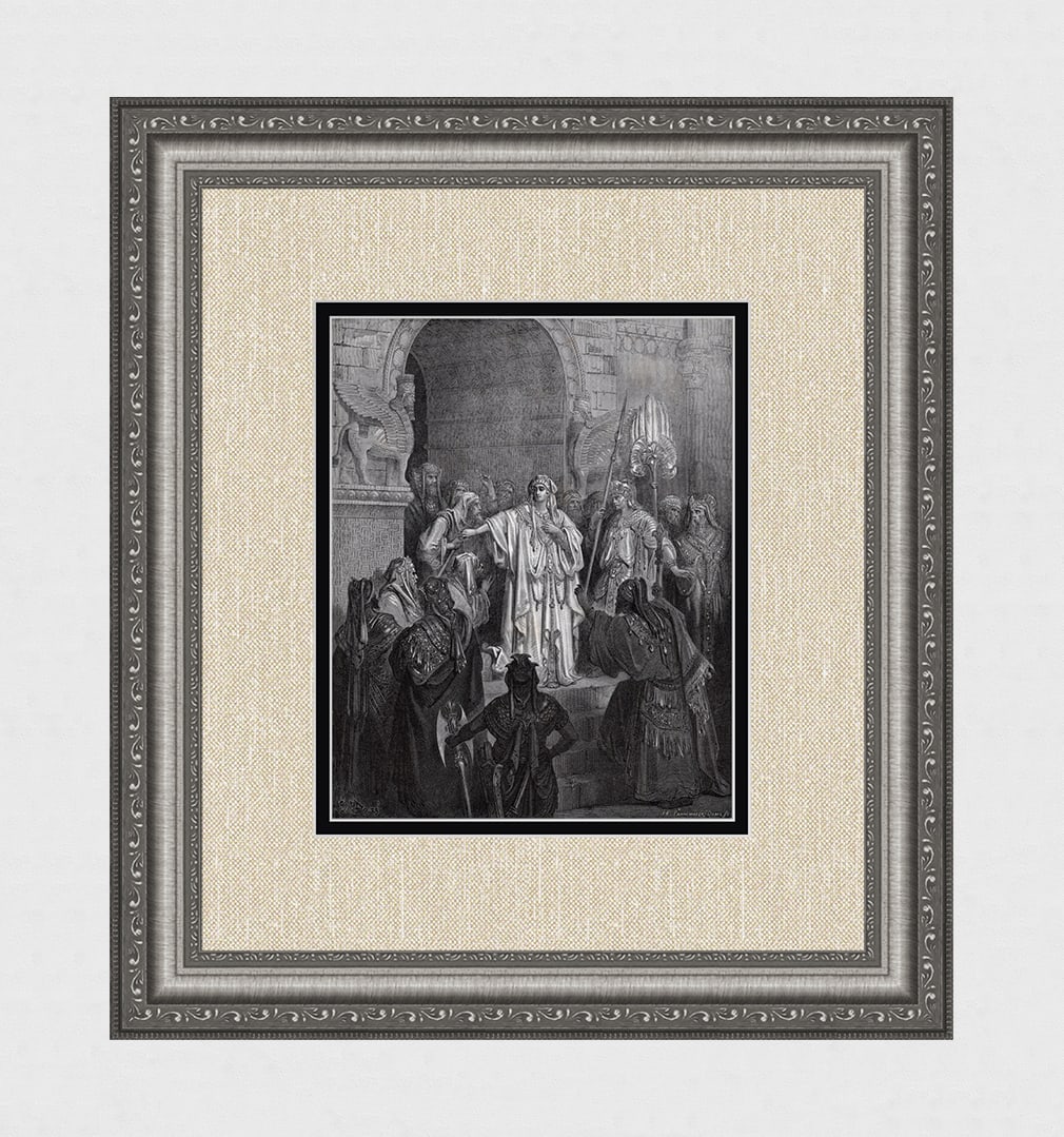 FRAMED 1800s Gustave Dore Woodcut "Judgement of Solomon" SIGNED: Gustave Dore (Paul Gustave Louis Christophe Dore) (French, 1832-1883). The Judgement of Solomon (from Dore's Bible). Antique woodcut on wove paper after the original by master wood engraver Adolphe Gu