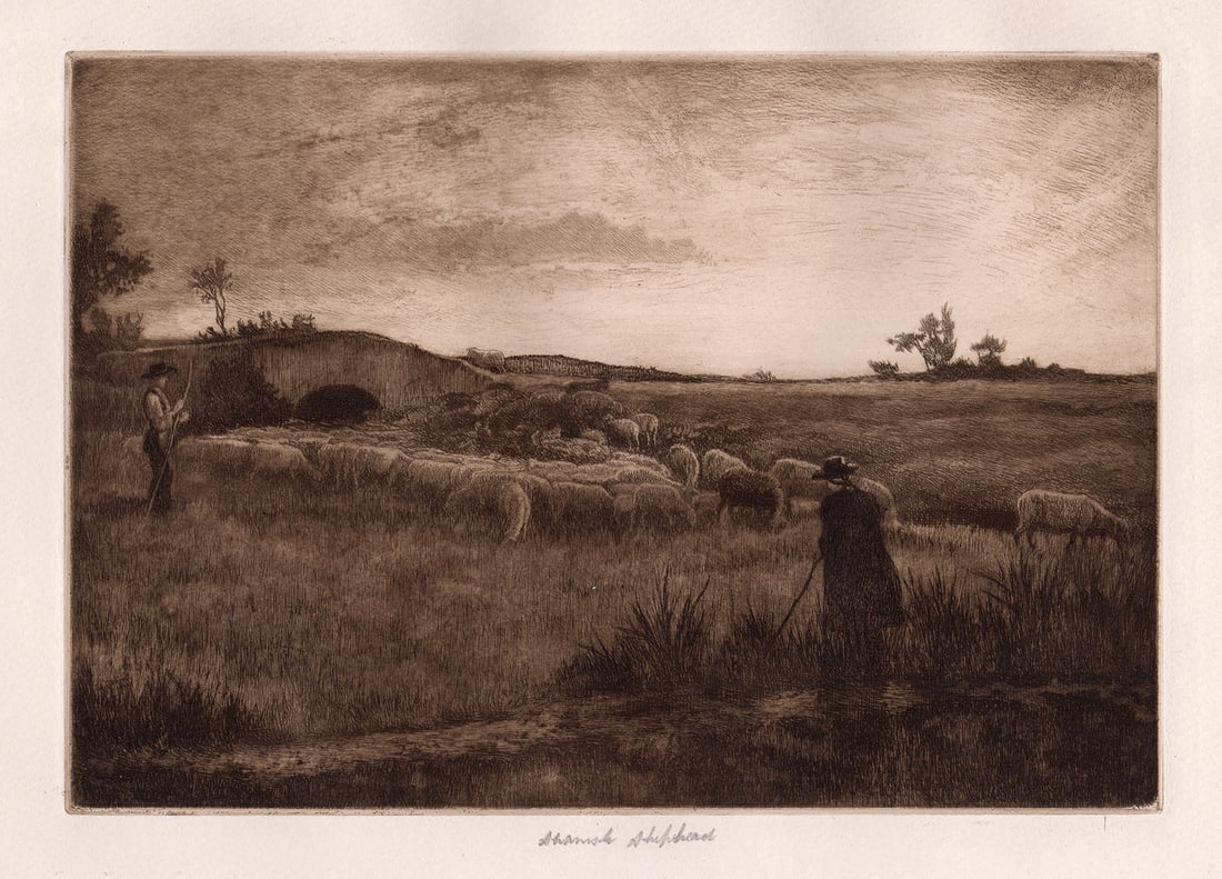 Henry Macbeth Raeburn Spanish Shepherd 1892 etching: Henry Macbeth Raeburn. (British, 1860-1947). Spanish Shepherd. Antique mezzotint etching on thick wove paper. 1892. Signed in the plate. Excellent. Image Size 5 3/4 x 8 1/2 inches. Approximately 14 x 