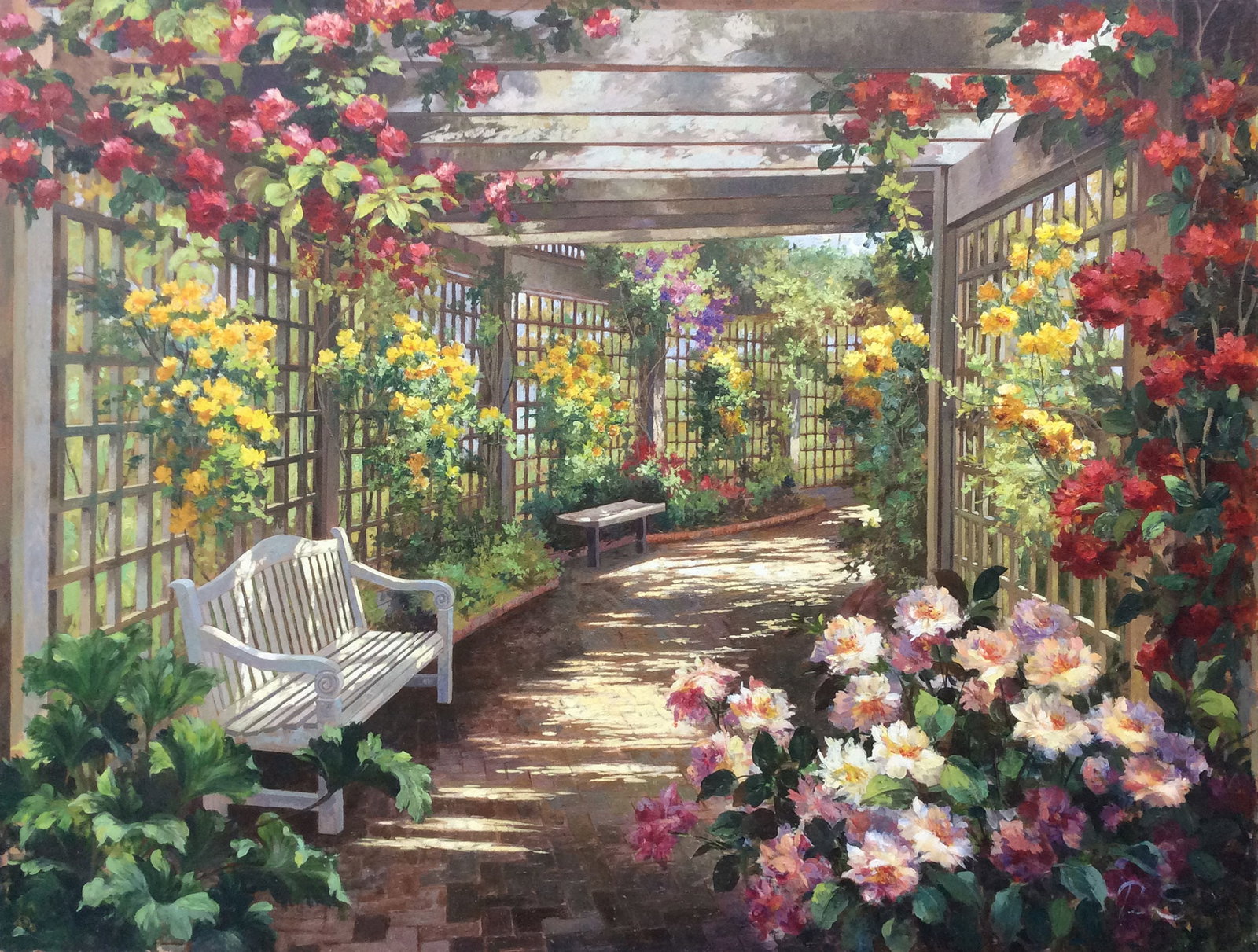 Monumental Original Oil Painting Elizabeth Pena Trellis Pathway 48 x 36 Inches: Elizabeth Pena. Trellis Pathway. Original oil painting on canvas. Signed by the artist, lower right. Canvas Size 36 x 48 inches. Born in Lima, Peru, Elizabeth Pena is one of those rare natural talents