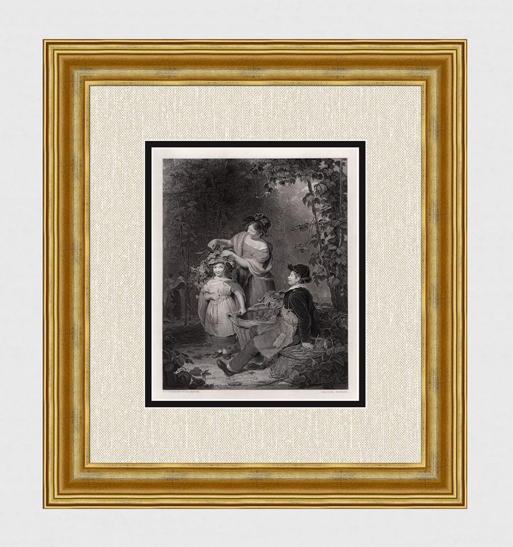 WILLIAM F. Witherington ENGRAVING "The Crown Of Hops" Framed SIGNED COA: William Frederick Witherington RA (English, 1785 - 1865). The Hop Garland. Antique engraving on wove paper after the original painting by master engraver Herbert Bourne (British, c.1825-1907). Year: 1