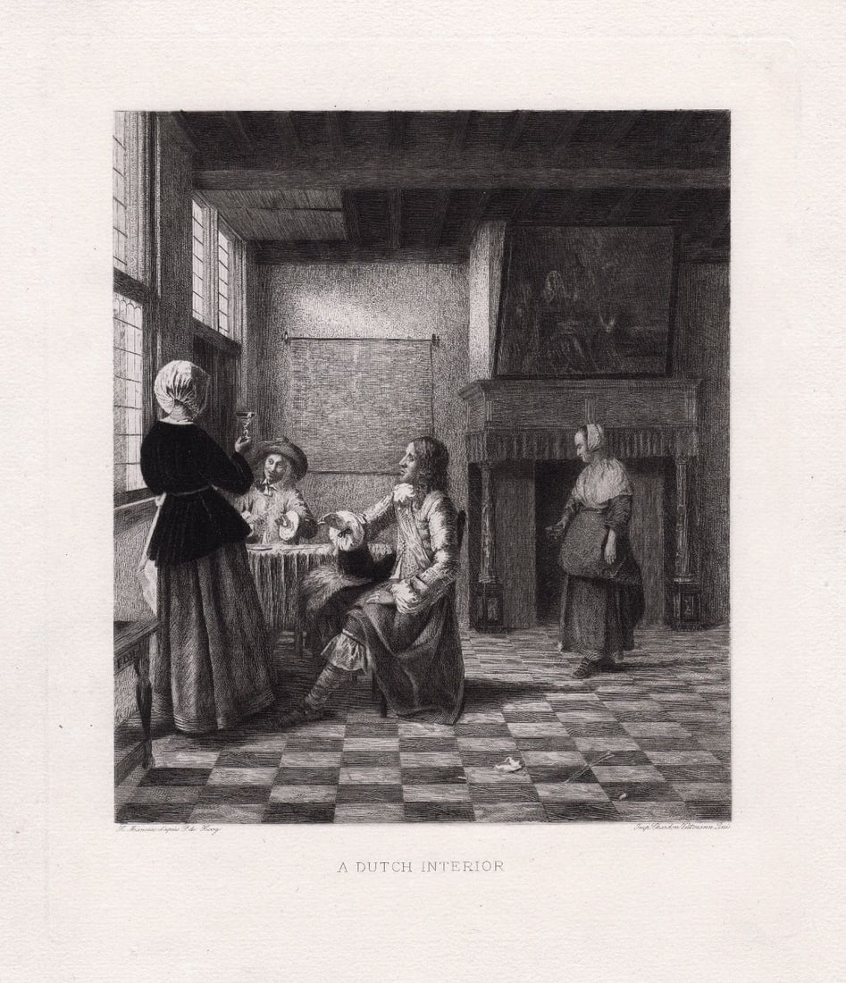 Pieter de Hooch A Dutch Interior 1890 etching: Pieter de Hooch. (Dutch, 1629-1684). A Dutch Interior. Antique etching on heavy laid paper after the original by master etcher Georges Henri Manesse (French, 1854-1940). 1890. Excellent. Image Size 8 