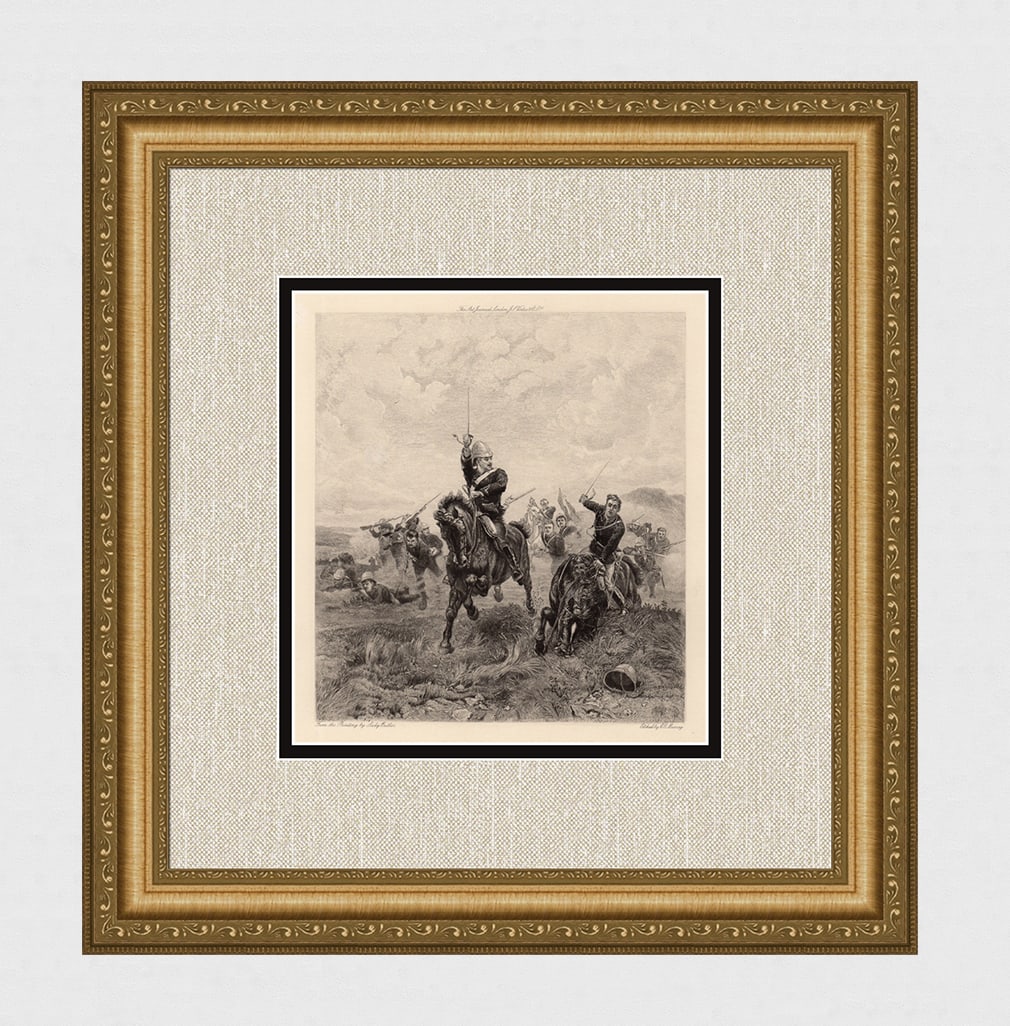 Lady Butler 1870 Engraving Floreat Etona Framed: Elizabeth Thompson, Lady Butler (English, 1846 - 1933). Floreat Etona! Antique steel engraving on wove paper after the original by master engraver Charles Oliver Murray (Scottish,1842-1923). 1898. Sig