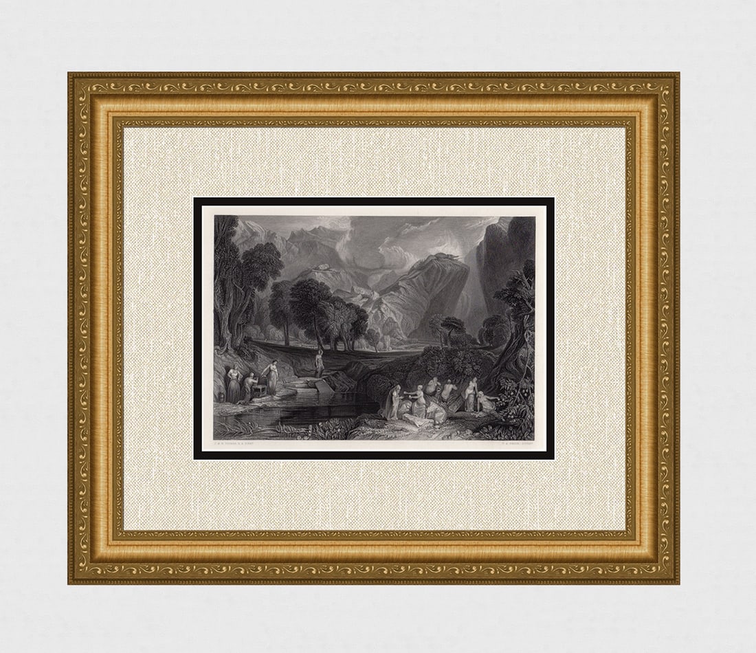 Pretty 1800s JMW TURNER Engraving "Goddess of Discord" SIGNED Gallery Framed COA: Joseph Mallord William Turner (English, 1775-1851). The Goddess of Discord Choosing the Apple of Contention in the Garden of the Hesperides. Antique engraving on wove paper after the original oil pain