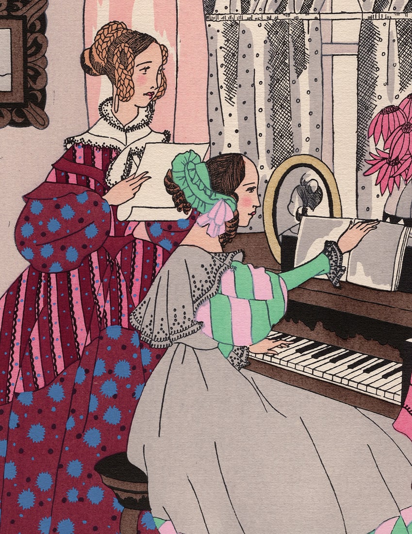 Ro Keezer Vintage French Color Pochoir At the Piano Signed Framed: Rosa Sara (Ro) Keezer (Dutch 1905 - 2003). Repetition. Vintage color pochoir on wove paper. Year: 1930. Signed in the plate, lower left. Image Size 7 1/8 x 10 1/8 inches. Framed Dimensions approximate