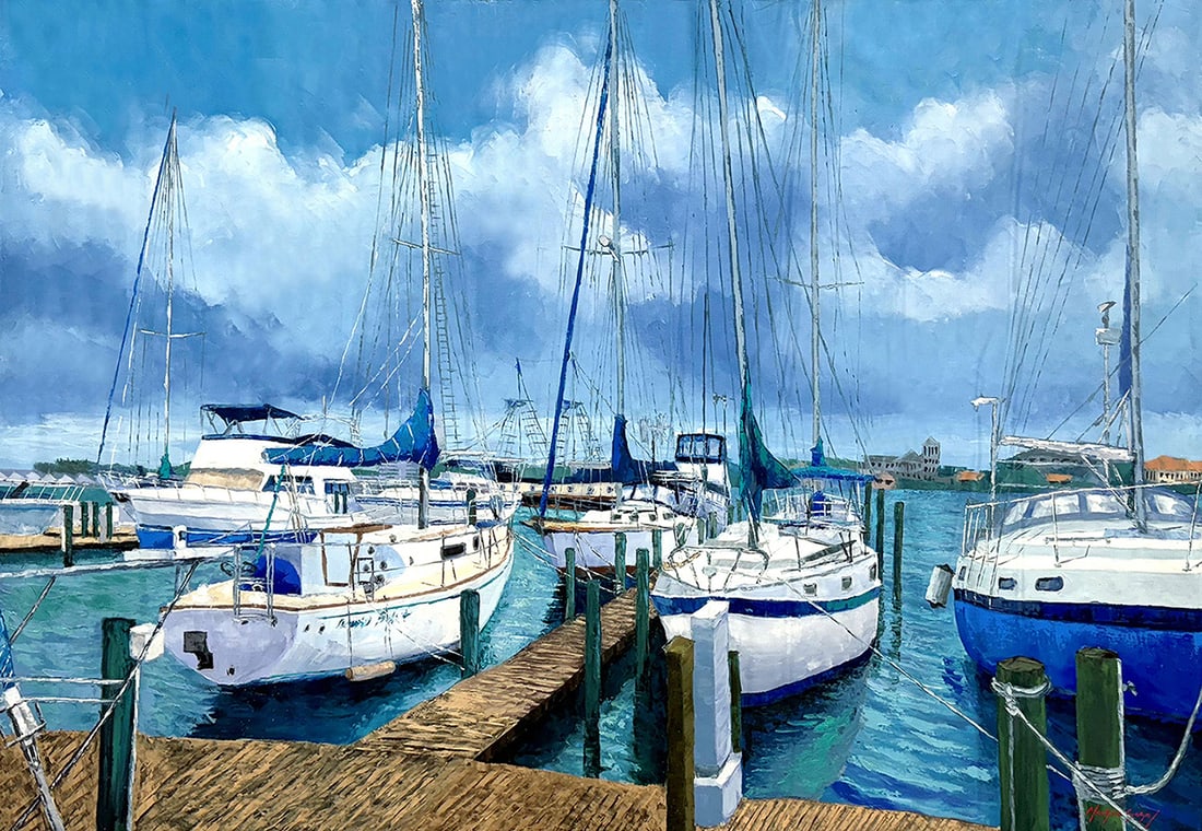 Mauricio Garay Original Painting Docked Boats 60 x 40 inches: Mauricio Garay. Docked Boats VI. Original oil painting on canvas. Canvas Size 60 x 40 inches. Mauricio Garay began to arouse his interest in art at an early age, with some artistic guidance from his u