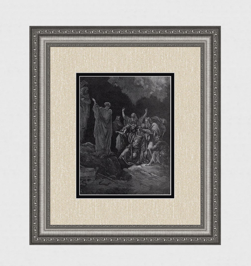 Gustave Dore Religious 1800s Wood Engraving Saul & Witch Of Endor Framed SIGNED: Gustave Dore (Paul Gustave Louis Christophe Dore) (French, 1832-1883). Saul And The Witch Of Endor (from Dore's Bible). Antique Wood Engraving on wove paper after the original by master wood engraver 