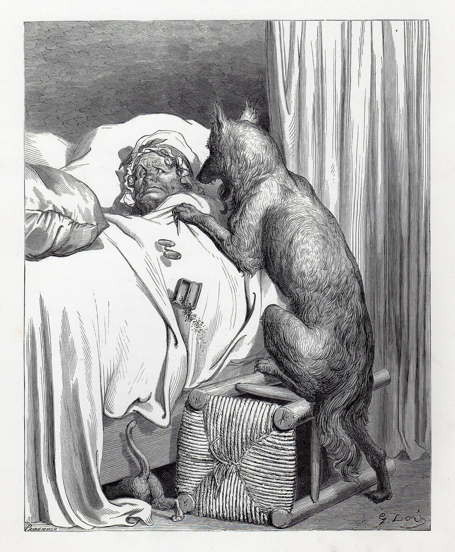 Gustave Dore Little Red Riding Hood III 1880 Woodcut Signed: Gustave Dore. Little Red Riding Hood III. Antique woodcut on thick wove paper after the original by master wood engraver Adolphe Francois Pannemaker (French, Belgian, 1822 - 1890). 1880. Signed in the