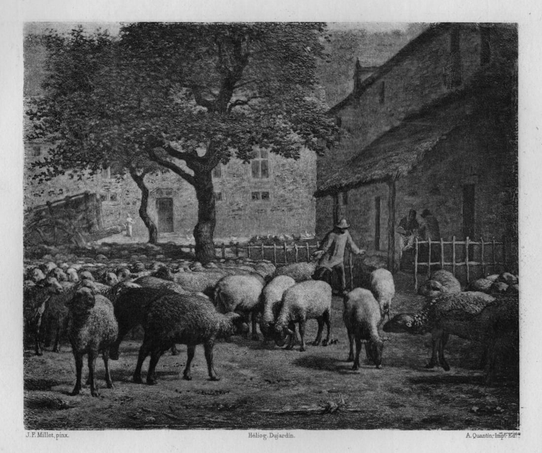 1800s Jean-Francois MILLET Antique Print La Tonte Des Moutons SIGNED FRAMED: Jean-Francois Millet (French, 1814 - 1875). La Tonte Des Moutons (Sheep Shearing). Antique heliogravure on laid paper after the original oil on canvas. Year: 1881. Signed in the plate. Image Size 6 x 