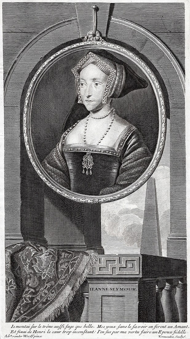 Adriaen van der Werff 1697 Engraving Jane Seymour Framed: Adriaen van der Werff (1659 - 1722). Portrait of Jane Seymour (Queen). Antique engraving on laid paper after the original by master engraver Cornelis Vermeulen (Flemish, 1644 - 1708/9). Year: 1697. Si