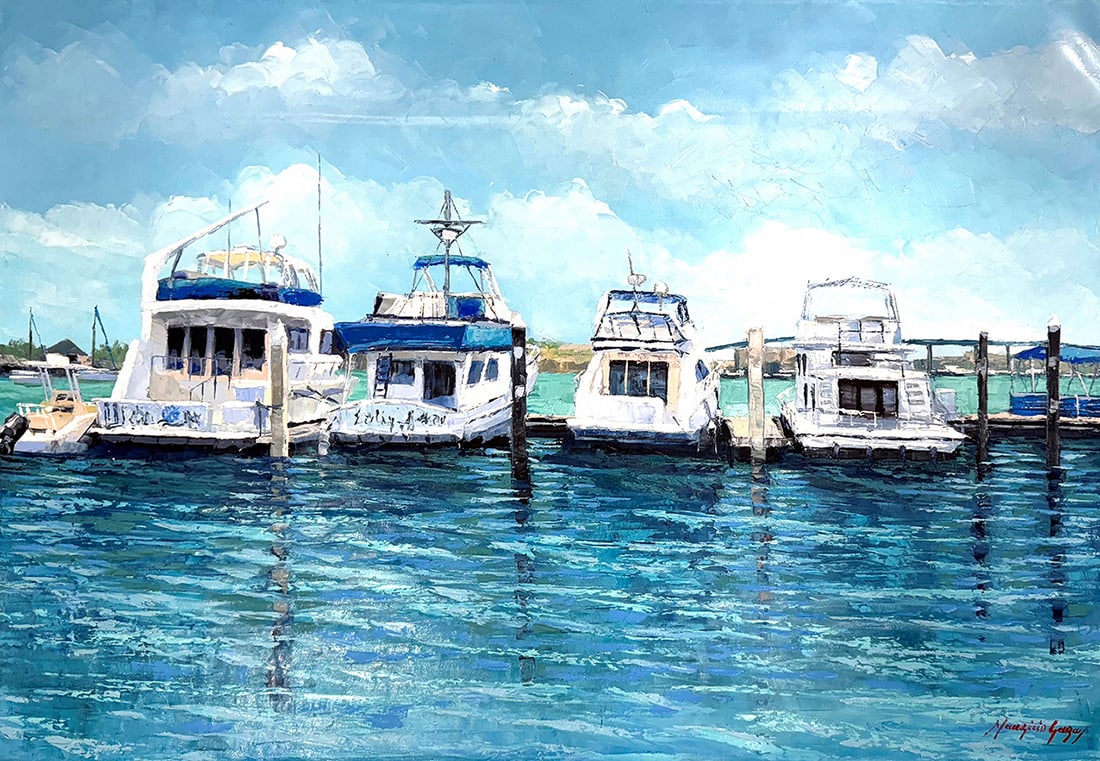 Mauricio Garay Original Painting Marina XXII 24 x 36 inches: Mauricio Garay. Marina XXII. Original oil painting on canvas. Canvas Size 24 x 36 inches. Mauricio Garay began to arouse his interest in art at an early age, with some artistic guidance from his uncle