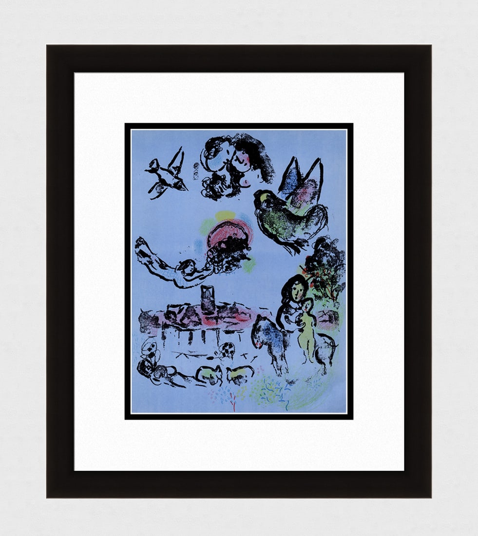 1963 Marc Chagall Lithograph Nocturne a Vence Framed: Marc Chagall (1887-1985) Nocturne a Vence (M. 195). Original Lithograph on Wove Paper. 1963. Atelier Mourlot. Dimensions: Sheet Size: c. 9 1/2 x 12 1/2 inches. Framed Dimensions: Approximately 19 x 22