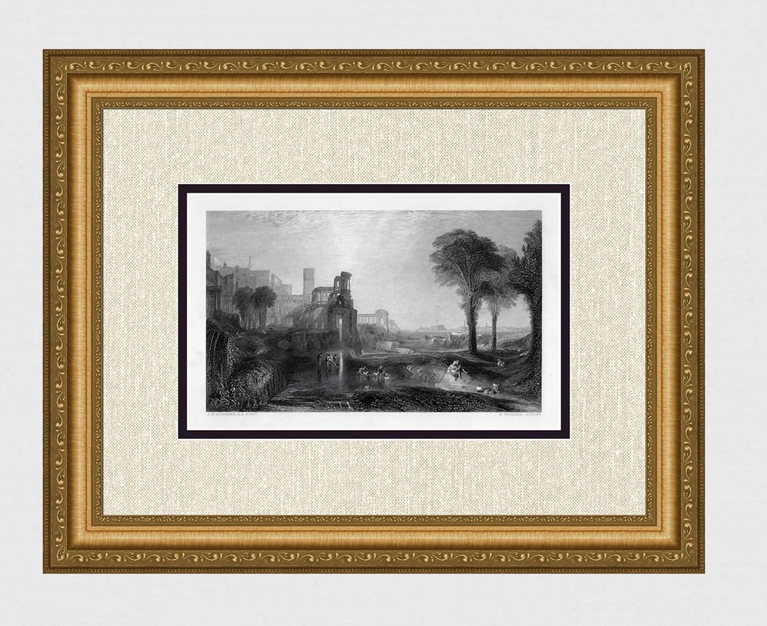 William Turner 1800s Engraving Caligula's Palace Ruins Signed Framed: Joseph Mallord William Turner (English, 1775-1851). Stranded Vessel off Yarmouth. Antique engraving on wove paper after the original by master engraver Robert Brandard (British, 1805-1862).Year: 1878.