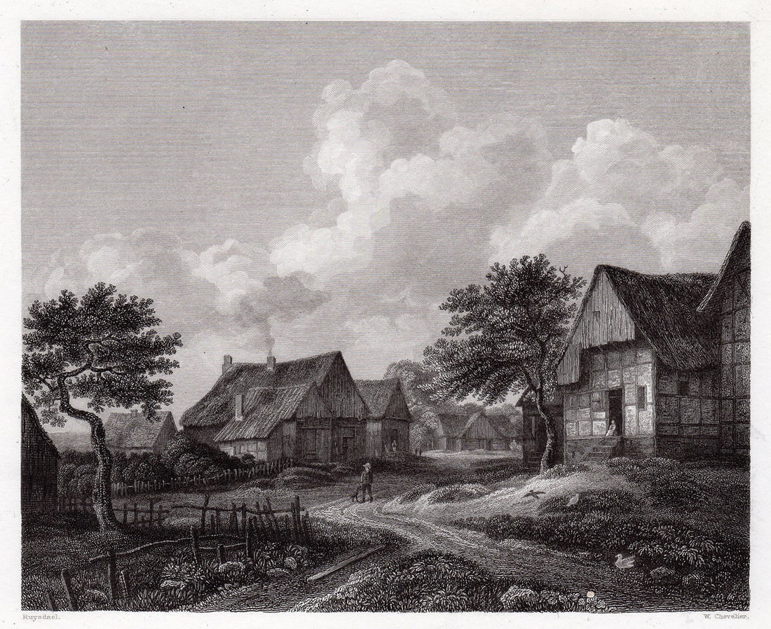Jacob Isaackszoon van Ruisdael 1834 engraving A Dutch Landscape signed: Jacob Isaackszoon van Ruisdael. (Dutch, 1629-1682). A Dutch Landscape. Antique steel engraving on wove paper after the original by Master Engraver William Chevalier (French, Paris 1804-1866). 1834. Si