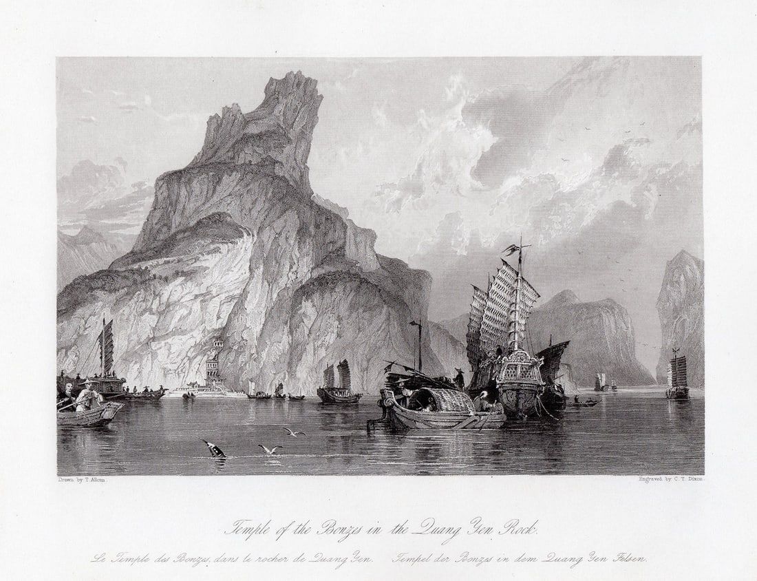 Thomas Allom Temple of the Bonzes in the Quang Yen Rock 1843 engraving: Thomas Allom. (English, 1804-1872). Temple of the Bronzes in the Quang Yen Rock. Antique engraving on wove paper after the original drawing by master engraver C. T. Dixon. 1843. Signed in the plate. E