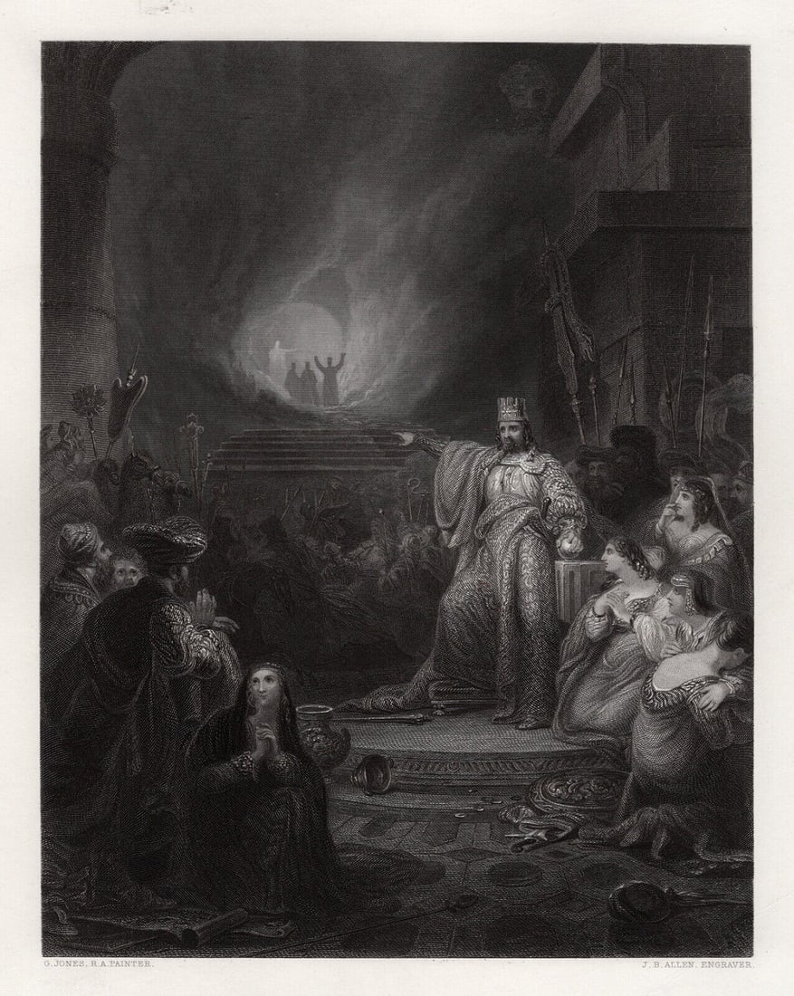 GEORGE JONES 1800s Antique Engraving THE FIERY FURNACE SIGNED Framed: George Jones RA (British, 1786 - 1869). The Fiery Furnace. Antique engraving on wove paper after the original by master engraver James Baylis Allen (British, 1803-1876). Year: 1853. Signed in the plat