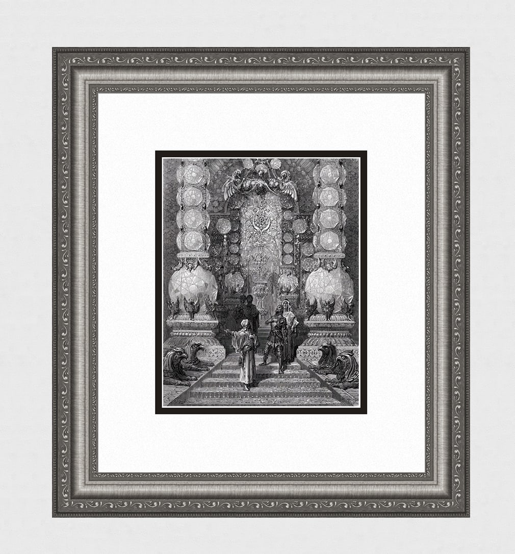 DORE 1800s Orlando Furioso Woodcut The Emperor of Ethopia SIGNED Framed: Gustave Dore(Paul Gustave Louis Christophe Dore)(French, 1832-1883). Astolfo Visits the Jewel-Filled Palace of the Emperor of Ethopia (From Orlando Furioso). Antique woodcut on wove paper after the or
