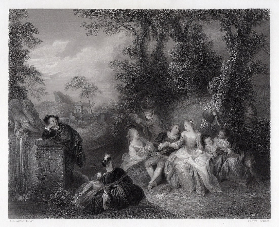 1800s Jean Baptiste Pater A fete Champetre SIGNED Framed: Jean Baptiste Pater (French, 1695-1736). A fete Champetre. Antique engraving wove paper after the original by master engraver Pierre Pelee (Swiss, 1801-1871). Year: 1856. Signed in the plate. Image si