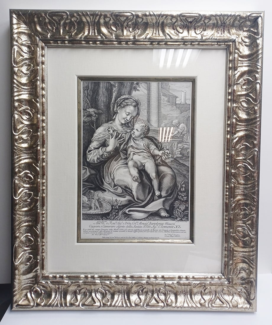 Correggio Madonna of the Basket Engraving late 1600's: Antonio Correggio (1489 - 1534). Madonna of the Basket. Antique engraving with some etching on laid paper after the original by master etcher/engraver Giuseppe Faccioli (c. 1629 -1709). Year: 1680 - 1