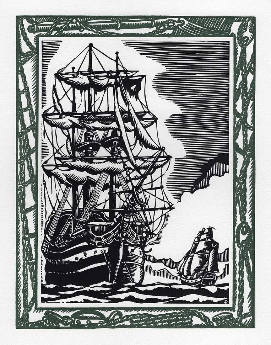 1946 PATRICK DE MANCEAU LIMITED Woodcut Sailing the Coast of Chile Framed: Patrick de Manceau (1901-1980). The Bachelor's Delight approaching The San Dominick (from Benito Cereno). Vintage woodcut on Velin BFK Rives paper. Year: 1946. Numbered limited edition. This is one of