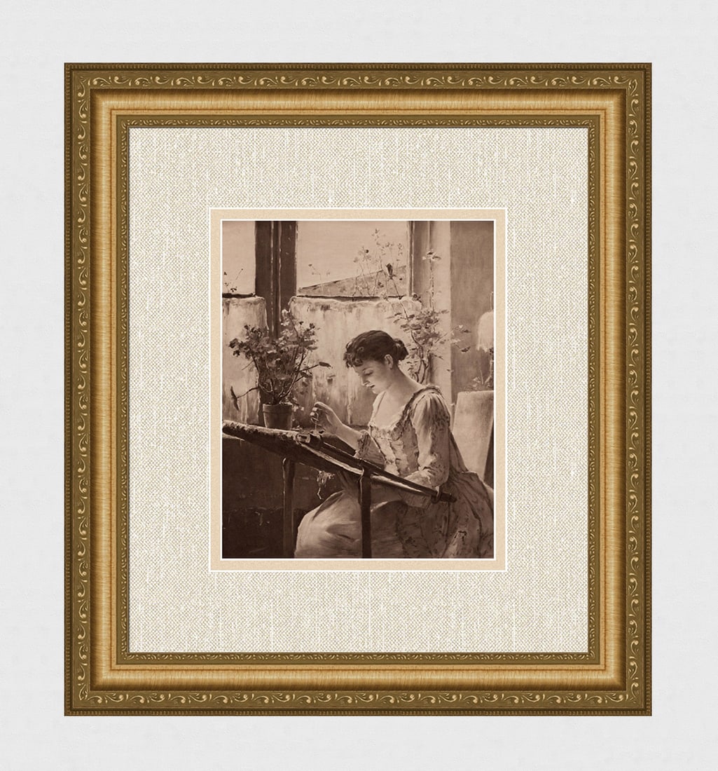 Mihaly Munkacsy Antique Print The Lady & her Needlework Framed Signed: Mihaly Munkacsy (Hungarian, 1844-1900). Embroidery. Antique heliogravure on wove paper after the original oil on panel by a Master Engraver. Year: 1901. Signed in the plate. Dimensions: Image Size 6 7