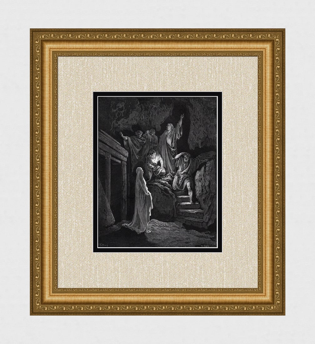 1800s GUSTAVE DORE'S BIBLE Woodcut Resurrection of Lazarus Framed SIGNED: Gustave Dore (Paul Gustave Louis Christophe Dore) (French, 1832-1883. Resurrection of Lazarus (from Dore's Bible). Antique woodcut wove paper after the original by a master wood engraver Ad Ligny (Fre
