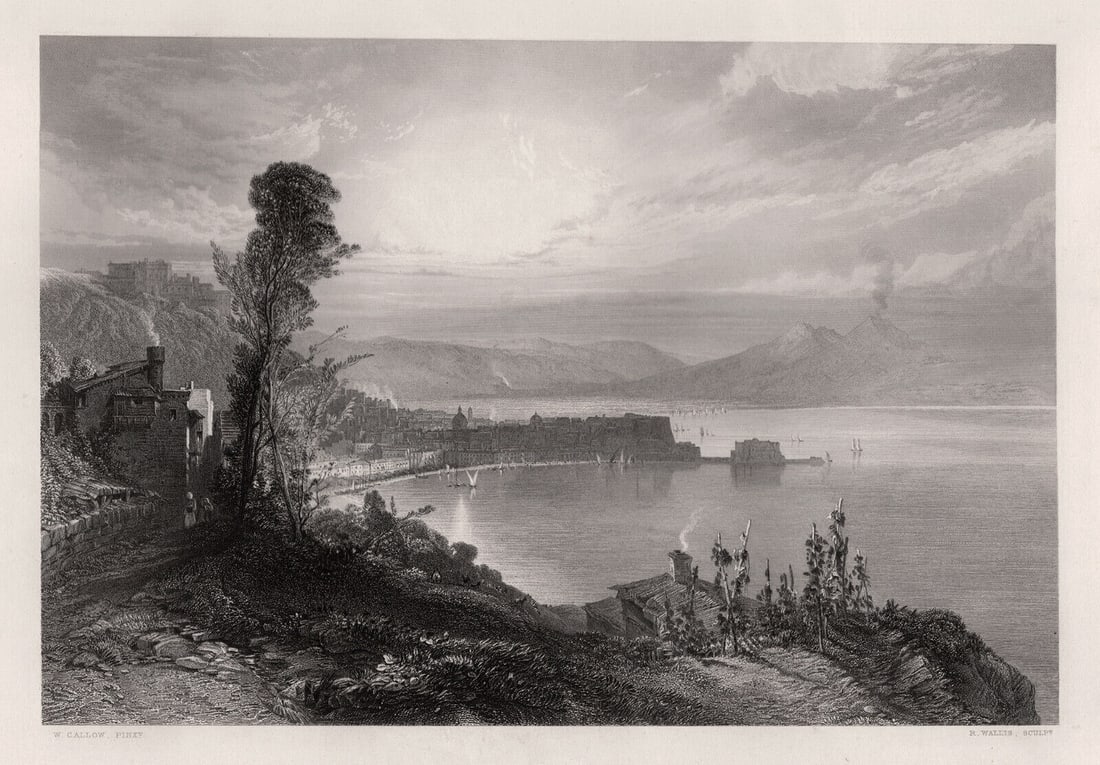 WILLIAM CALLOW 1800s Engraving The Bay of Naples, Italy SIGNED Framed (1 of 3)