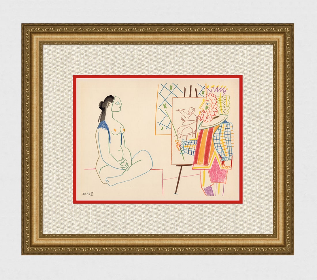 1954 Pablo Picasso Colorful Artist and Model Mourlot Lithograph Framed: Pablo Picasso (1881 - 1973). "La Comedie Humaine 3.2.54 II". 1954 Color Lithograph on wove paper after the crayon drawing. Dated in the plate, lower left. Lithography executed by Mourlot. Published by