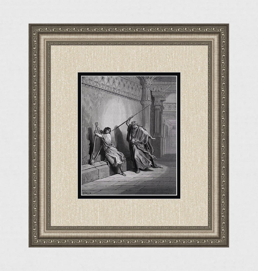 Gustave Dore 1800s Biblical Wood Engraving The Lord Protects David Framed Signed: Gustave Dore (Paul Gustave Louis Christophe Dore) (French, 1832-1883). Saul Attempts the Life of David (from Dore's Bible). Antique Wood Engraving on wove paper executed by master wood engraver Ad Lig