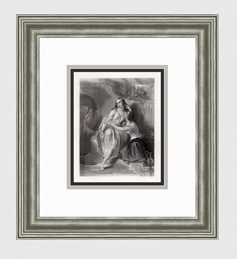J. Brown 1800s Antique Engraving The Favoured One Signed Framed: J. Brown (19th century). The Favoured One. Antique engraving on wove paper after the Master Engraver Henry Richard Cook (British, 1802-1849 fl.). Year: c. 1844. Signed in the plate. Image Size 5 3/4 x