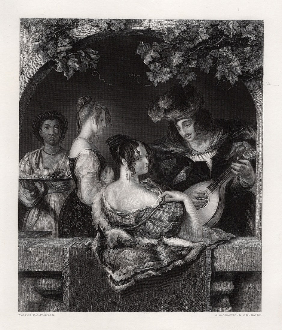 Pretty WILLIAM ETTY 1854 Antique Engraving Serenade SIGNED Framed: William Etty (British, 1787 - 1849). The Balcony. Antique engraving on wove paper after the original by master engraver John Carr Armytage (British, 1802-1897). Signed in the plate. Year: 1854. Image 