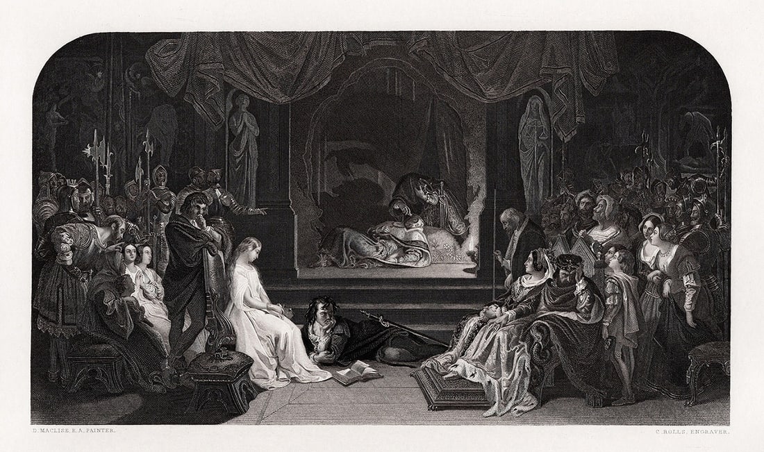 Daniel Maclise 1854 Engraving Hamlet Signed Framed: Daniel Maclise. (Irish, 1806-1870). The Play Scene from Hamlet. Antique engraving on wove paper after the original oil paint on canvas by master engraver Charles Rolls (British, 1800-1857). 1854. Sign
