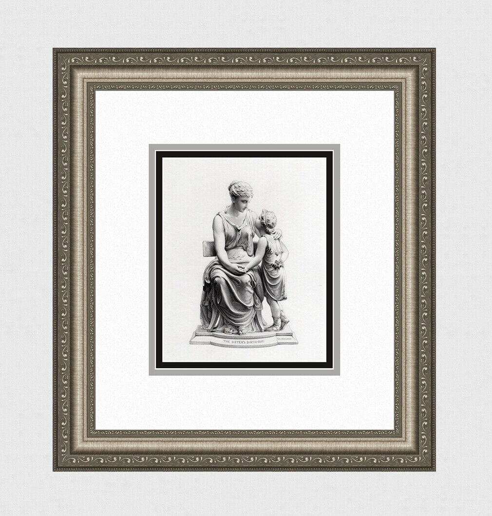 1800's Thomas Nelson Maclean Engraving The Sister's Birthday Framed: Thomas Nelson Maclean (British, 1845-1894). The Sister's Birthday. Antique engraving on wove paper after the original statue by master engraver William Callio Roffe (British, 1817-1894 or after). Year