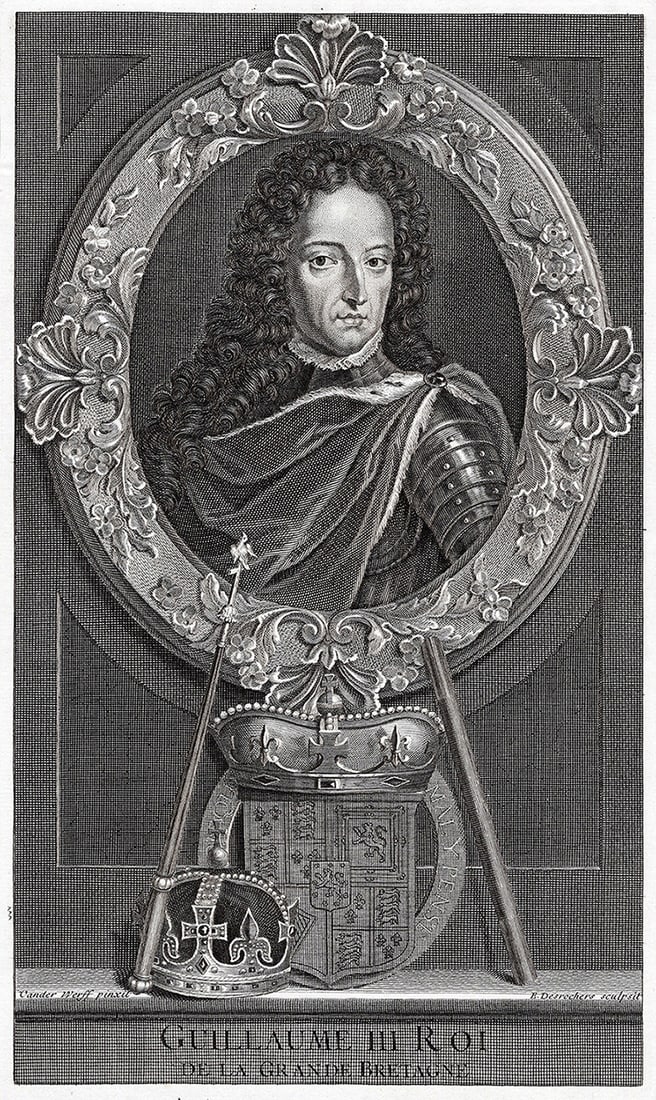 Adriaen van der Werff 1697 Engraving King William III Framed: Adriaen van der Werff (1659 - 1722). Portrait of William III of England. Antique engraving on wove paper after the original by master engraver Etienne-Jehandier Desrochers (1668-1741). Year: 1697. Sig
