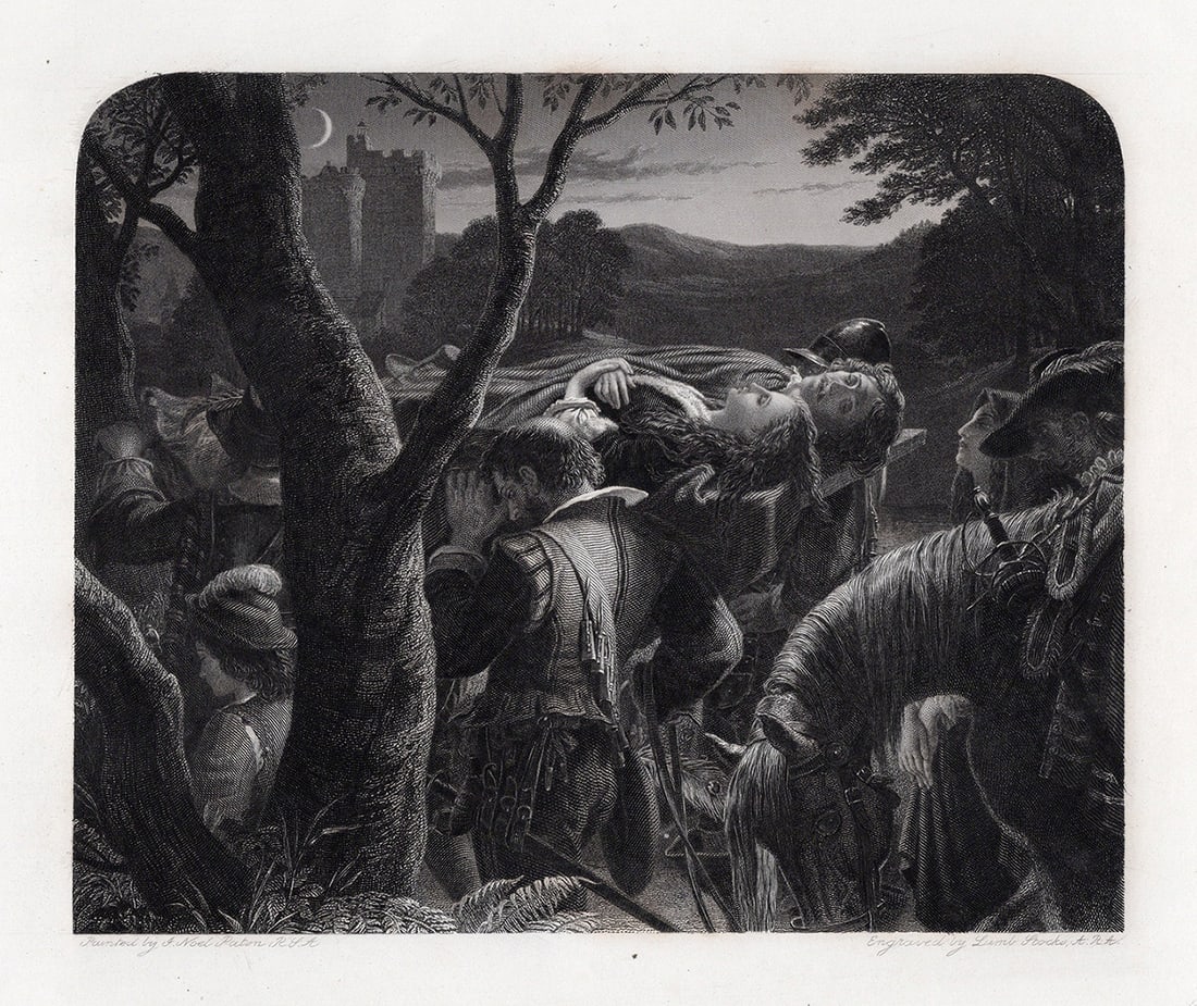 1800s Joseph Noel PATON Engraving The Dowie Dens o Yarrow SIGNED Framed: Sir Joseph Noel Paton (Scottish, 1821 - 1901). The Dowie Dens o Yarrow. Antique engraving on wove paper after the original by master engraver Charles William Sharpe (British, 1818-1899). Signed in the