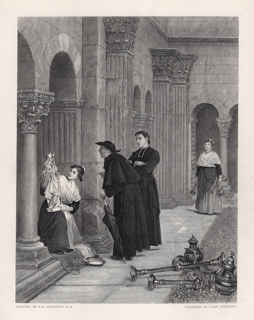 FRAMED Philip Hermogenes CALDERON 1800s Engraving REFURBISHING Signed: Philip Hermogenes Calderon (English, 1833-1898). Refurbishing. Antique engraving on wove paper after the original by master engraver John Godfrey (French, 1817-1889). Signed in the plate. Year: 1883. 
