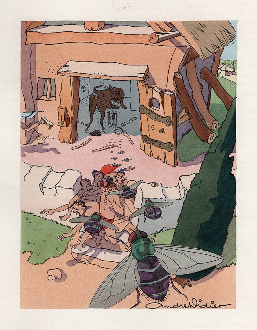 SIGNED 1946 Andre Didier Color Lithograph Lucius in the Stable LIMITED Framed: Andre Didier. Lucius the ass placed in the stable for the night to wait for roses (from The Golden Donkey). Vintage color lithograph on Vellum Crown paper. Year: 1946. Signed in the plate, lower right