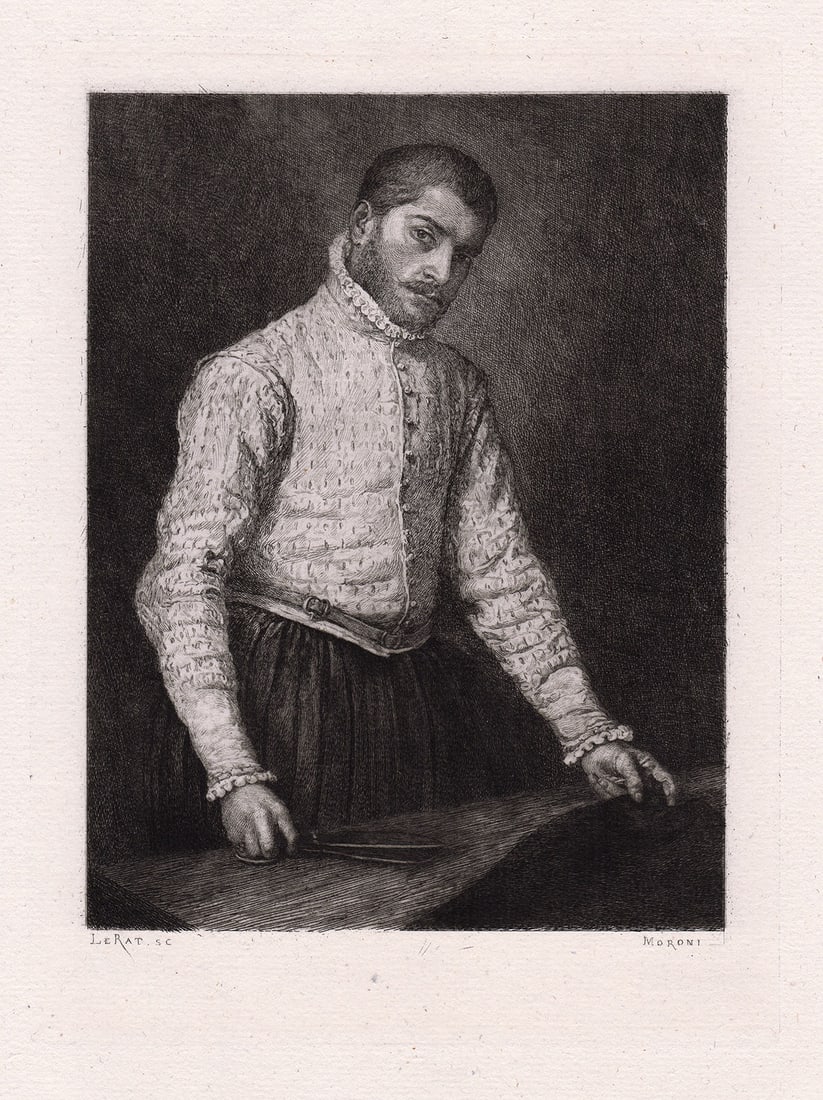 Giovanni Battista Moroni The Tailor ('Il Tagliapanni') 1874 etching: Giovanni Battista Moroni. (also called Giambattista Moroni) (Italian, c. 1520/24-1579). The Tailor ('Il Tagliapanni'). Antique Etching on laid paper after the original oil on canvas by master etcher P