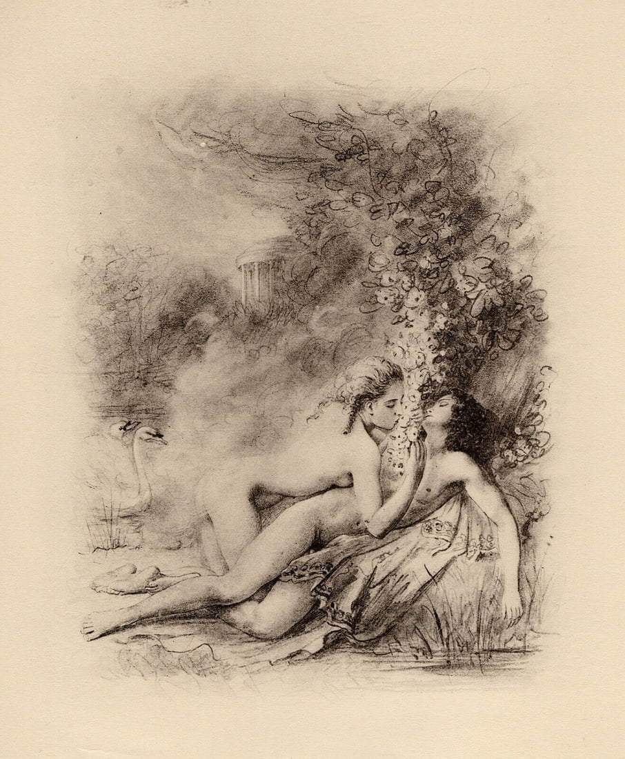 Original 1947 Paul-Emile Becat Nude Limited Lithograph The Roses Framed: Paul-emile Becat (French, 1885 - 1960). First Kiss, The Roses or The Harvest of Venus I (Premier Baiser Les Roses ou La Moisson de Venus I). Original lithograph on Chiffon Renage paper. Year: 1947. Nu