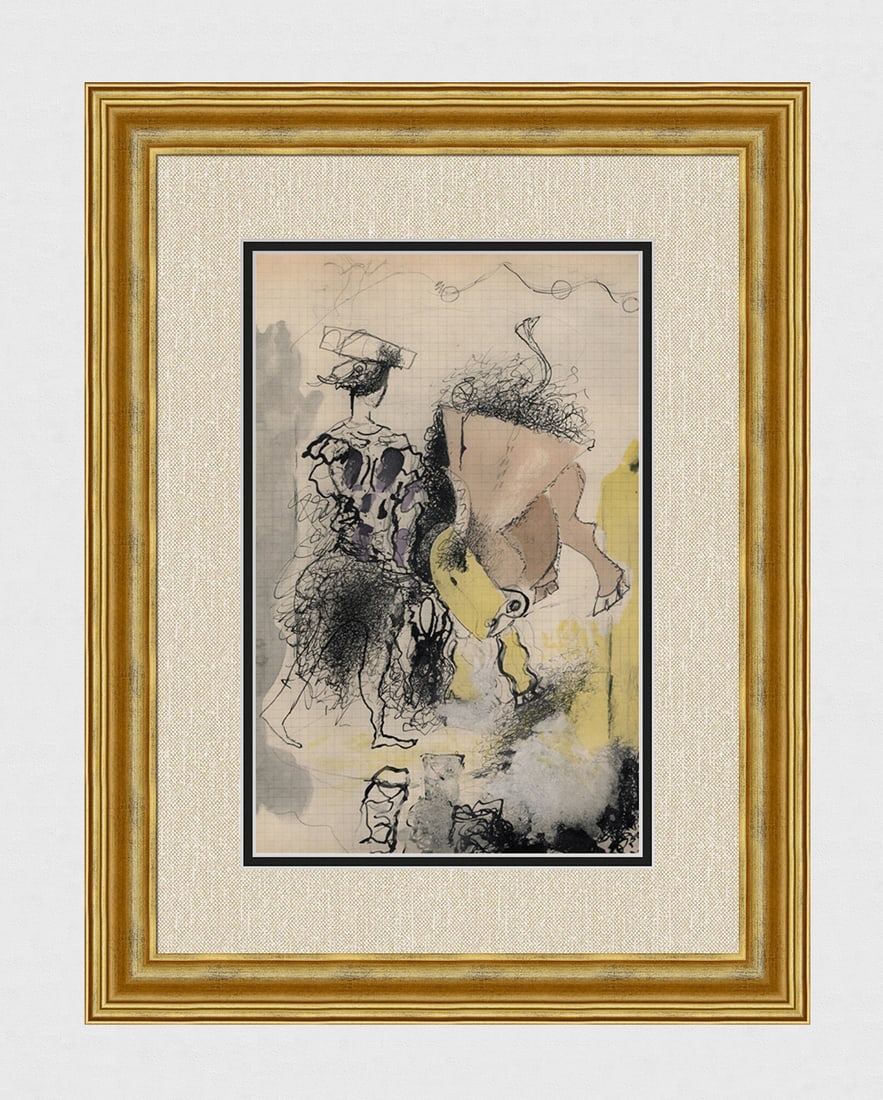 1955 Georges Braque Vintage Color Lithograph Le Courageux Torero Framed: Georges Braque (French, 1882-1963). Bullfighter (Torero). Mixed media lithograph on wove paper. Year: 1955. Publisher: Teriade. Printer: Mourlot Freres.Image Size 8 5/8 x 13 3/8 inches.Framed dimensio