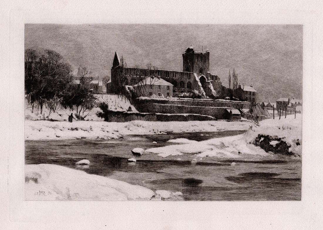 1880 Etching George Reid Jedburgh Castle Framed: George Reid. (1841-1913). Jedburgh. Antique copper plate etching on wove paper after the original by master etcher Charles Oliver Murray (1842-1923). 1880. Signed in the plate. Excellent. Image Size 6