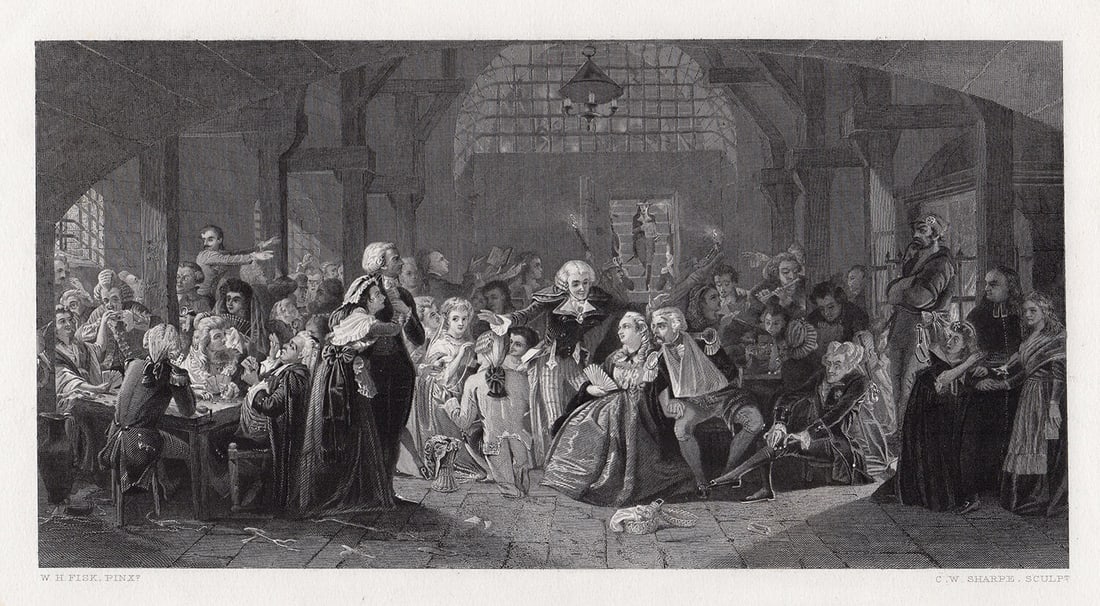 William Fisk The Old Noblesse in the Conciergerie 1879 engraving: William Fisk. (English, 1796-1872). The Old Noblesse in the Conciergerie. Antique Steel Engraving on wove paper after the original by master engraver Charles William Sharpe (1818-1899). 1879. Signed i