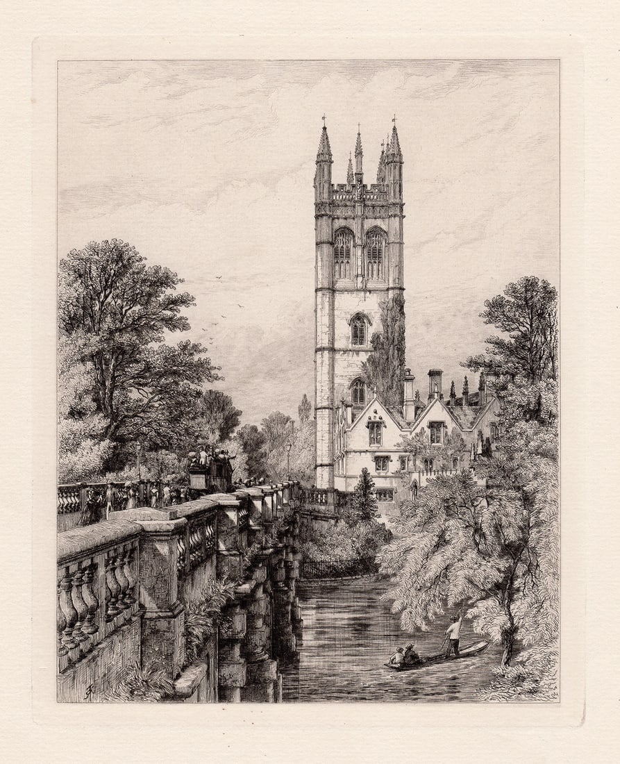 Robert Kent Thomas 1879 etching Magdalen Tower and Bridge signed: Robert Kent Thomas. (British, 1816-1884). Magdalen Tower and Bridge. Antique Etching on laid paper. 1879. Signed in the plate, lower left. Excellent. Image Size 7 1/8 x 9 inches. Framed dimensions app