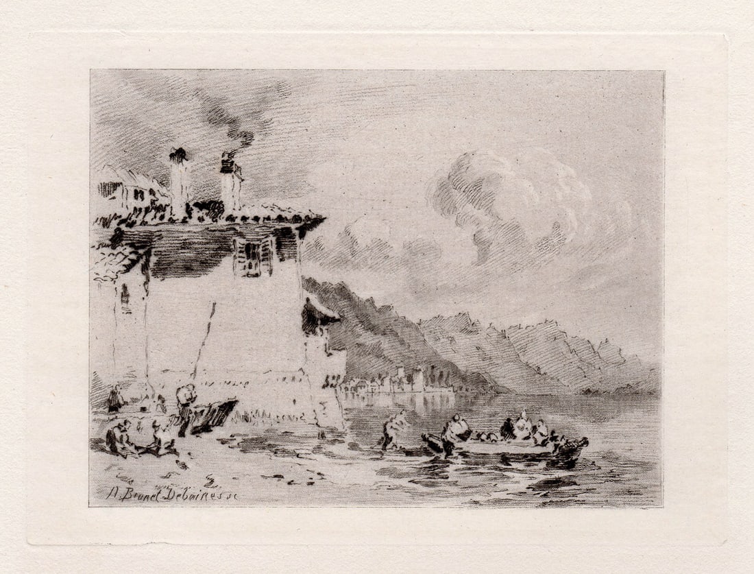 Joseph Mallord William Turner 1877 etching Coastal Landscape signed: Joseph Mallord William Turner. (English, 1775-1851). Coastal Landscape. Antique copper plate etching on laid paper after the original sketch by master engraver Alfred Louis Brunet-Debaines (French, 18