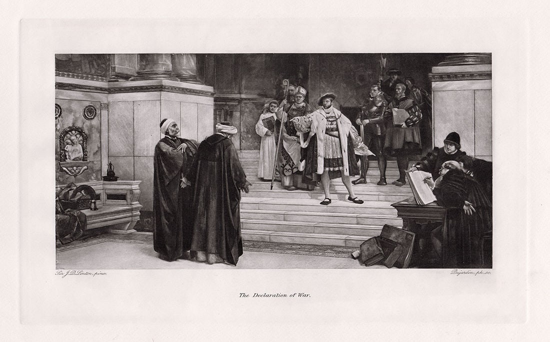 Sir James Dromgole Linton The Declaration of War print signed: Sir James Dromgole Linton. (English, 1840-1916). The Declaration of War. Antique Heliogravure on wove paper after the original by Master Engraver Dujardin. 1893. Signed in the Plate. Excellent. Image 