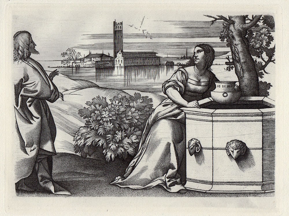Giulio Romano Campagnola Christ with the Woman of Samaria (also referred to as Rebecca at the Well): Giulio Romano Campagnola. (Italian, c. 1499-1546). Christ with the Woman of Samaria (also referred to as Rebecca at the Well). Antique hand pulled copper plate engraving, Paris France, after the origi