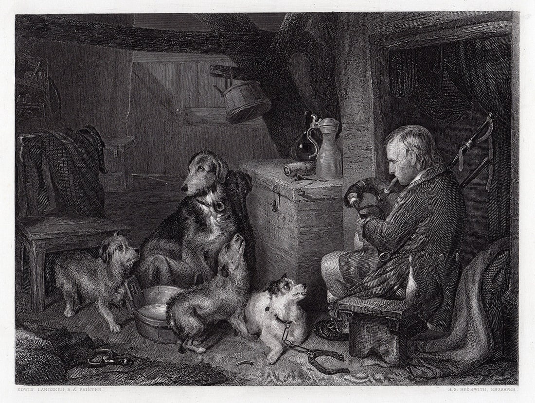 Sir Edwin Henry Landseer Highland Music engraving signed: Sir Edwin Henry Landseer. (English, 1802-1873). Highland Music. Antique engraving on wove paper after the original oil paint on mahogany by master engraver Henry Beckwith (mid 19th century). 1849. Sig