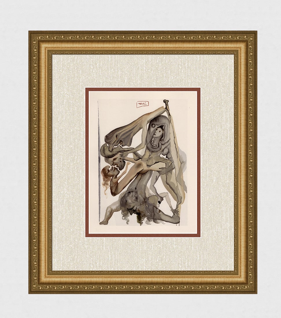 1960 Salvador Dali Limbo Authentic Woodcut Signed: Salvador Dali. (1904-1989). "Limbo" Enferno Canto 4. Block Engraved Signature. Authentic Original Color Woodcut from The Divine Comedy Printed in 1960 on B.F.K. Rives Paper ( this is not a reproductio
