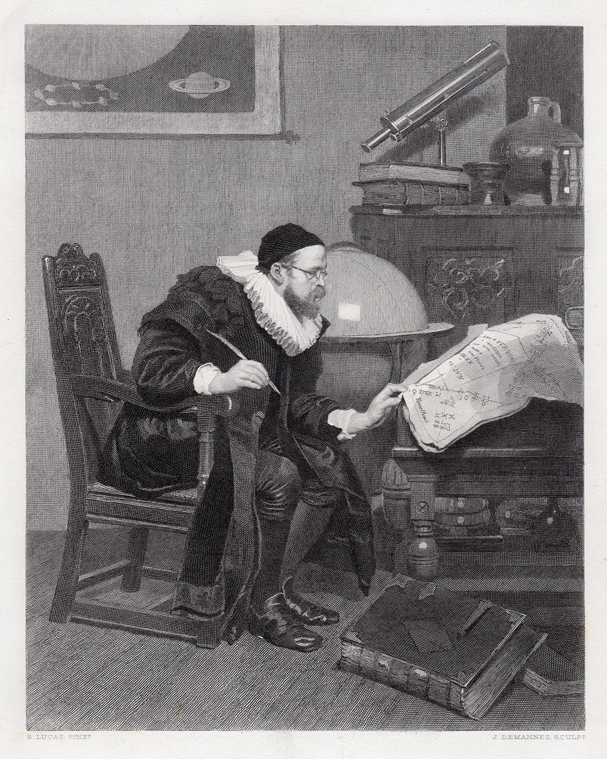 John Seymour Lucas 1879 engraving The Astrologer signed: John Seymour Lucas. (English, 1849 - 1923). The Astrologer. Antique Steel Engraving on wove paper after the original by master engraver Joseph Desmannez (1826 - 1902). 1879. Signed in the plate. Excel